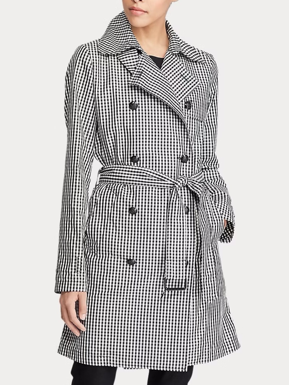 RALPH LAUREN Black White Gingham Twill Double Breasted Trench Coat Long 14